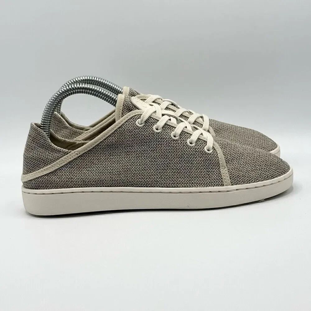 OluKai Pehueali Slip On Lace Up Beige Canvas Print Sneakers - Women’s US 7 / EU